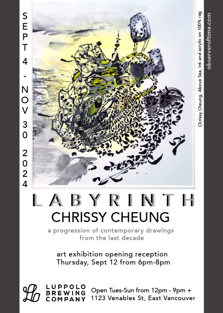 show card for Chrissy Cheung's solo exhibition, Labyrinth @ Luppolo Brewing